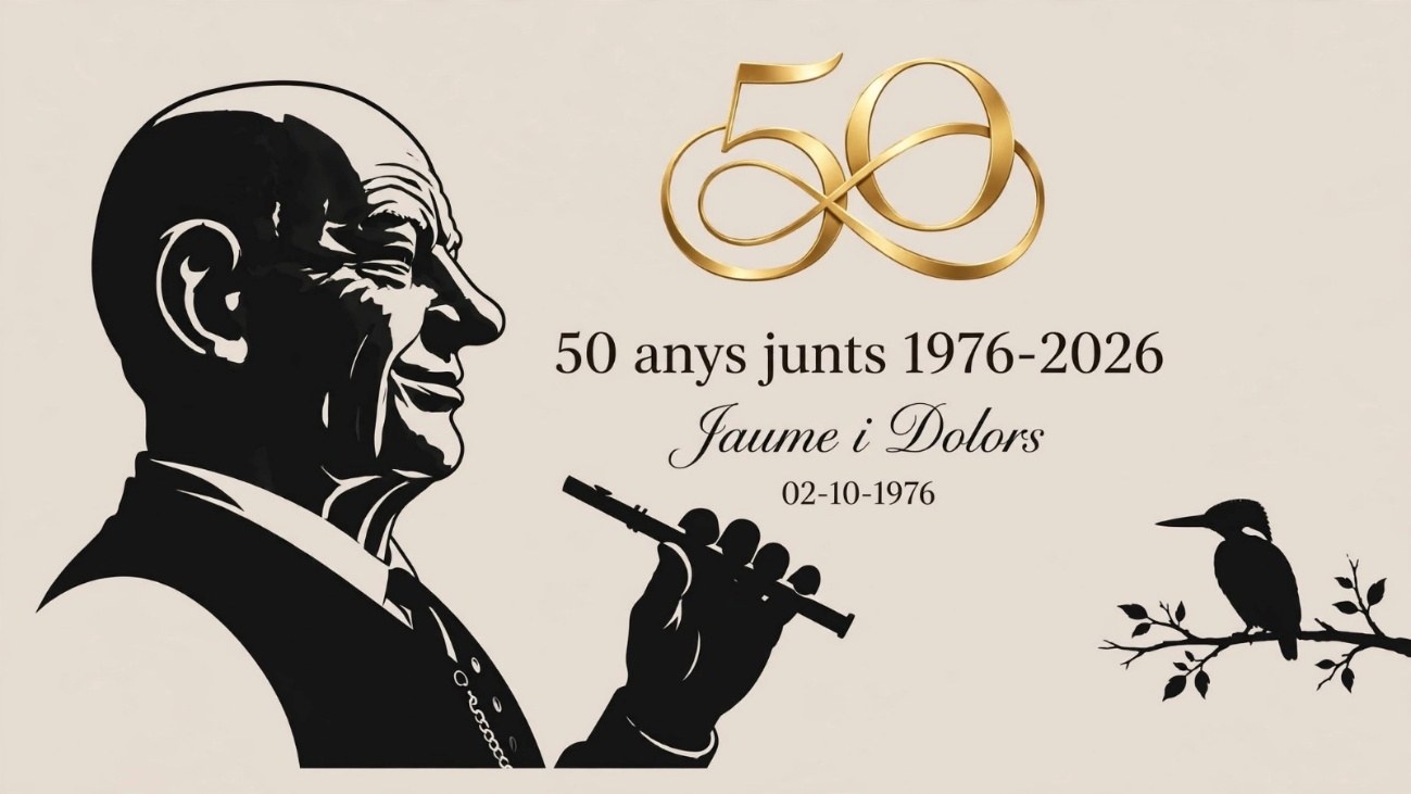50 anys junts 1976-2026, Jaume i Dolors, 02-10-1976: silueta amb flauta, un 50 daurat i un blauet en una branca